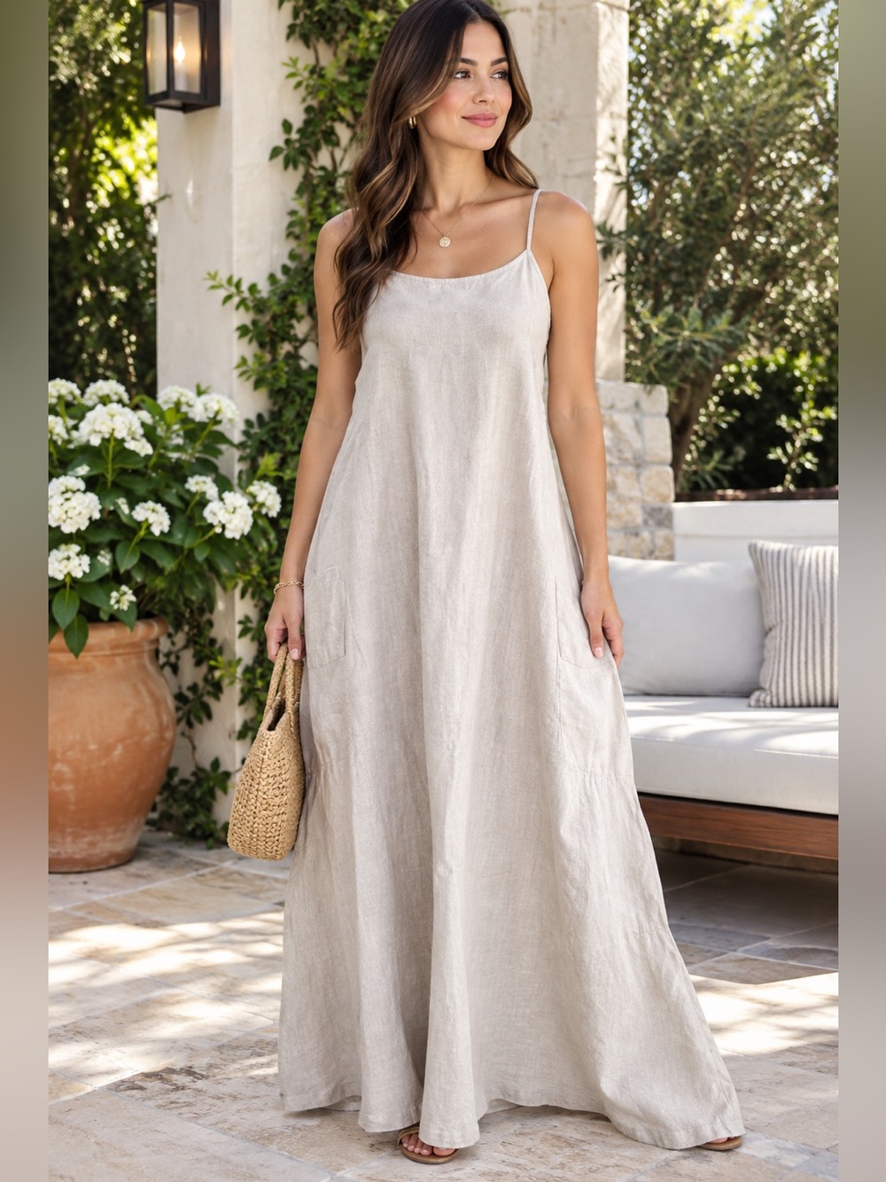 Laura bianchi Light Cream Linen Slip Dress with Spaghetti Straps